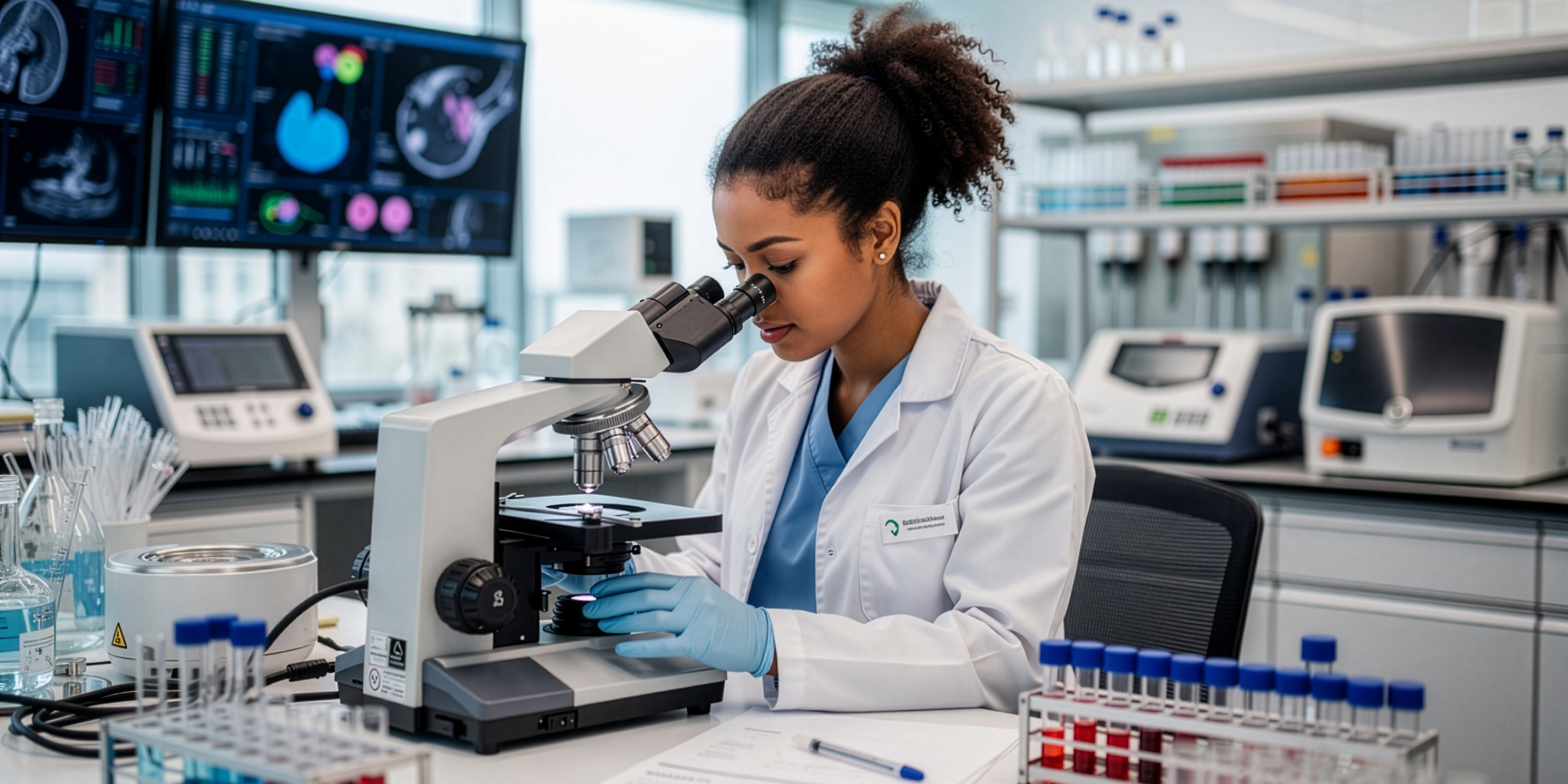 A person at a microscope A person at a microscope