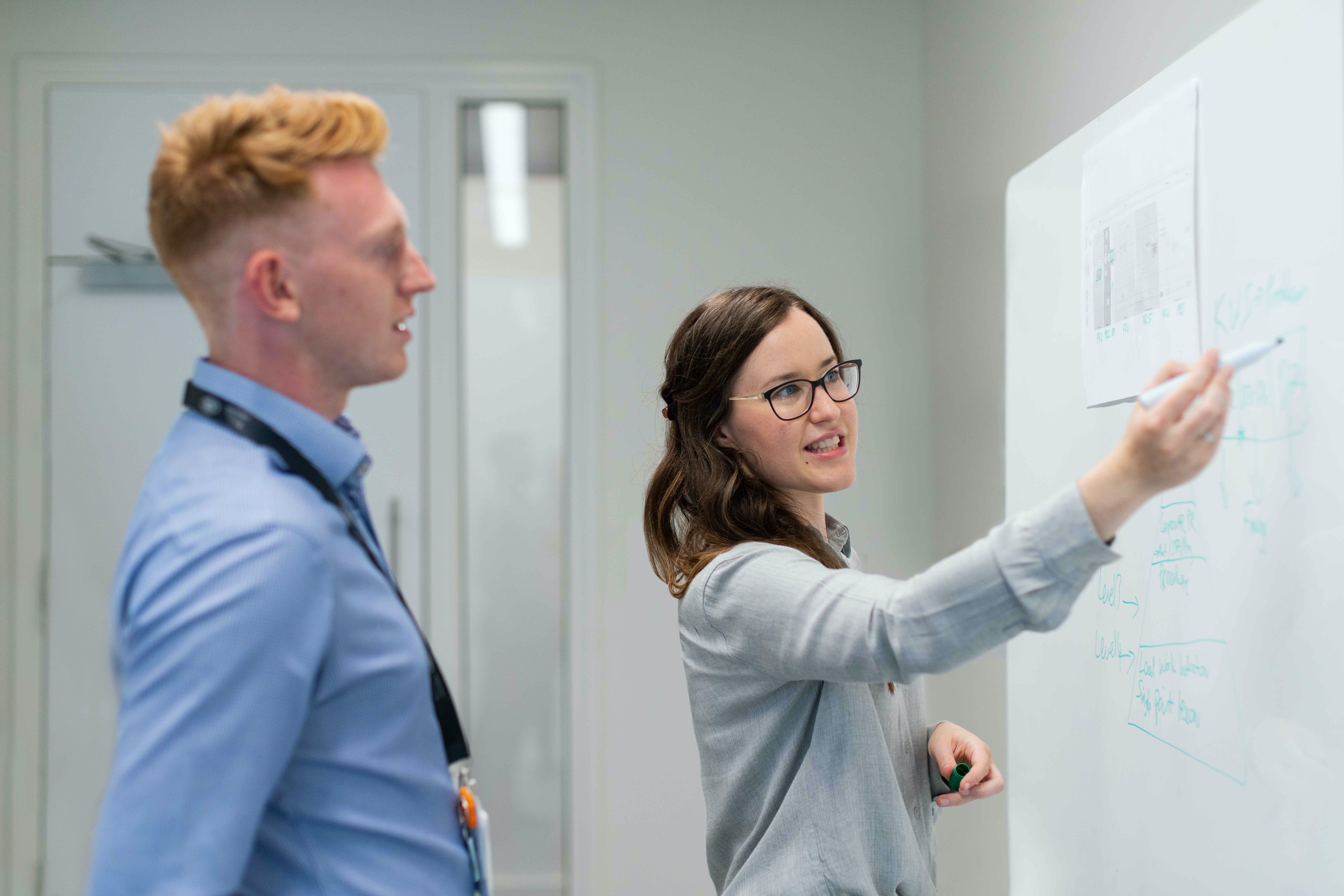 Mann und Frau vor Whiteboard Mann und Frau vor Whiteboard